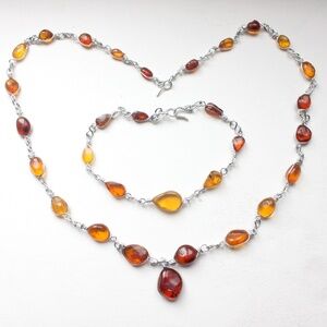 Vintage genuine amber gemstone necklace and bracelet wired set collier bracelet